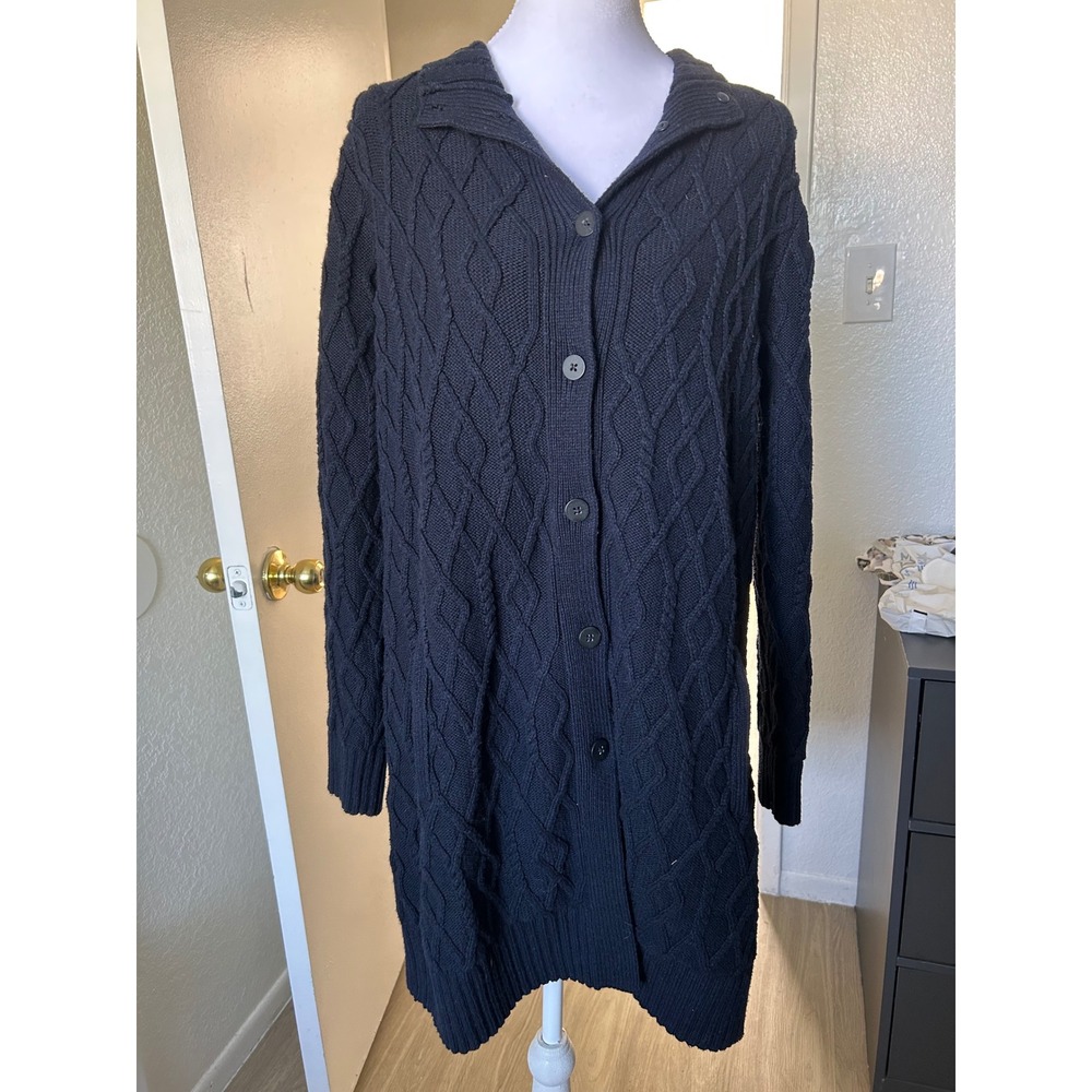 J Jill Navy Cable Knit Cardigan Sweater Button Front M Preppy GrandmaCore